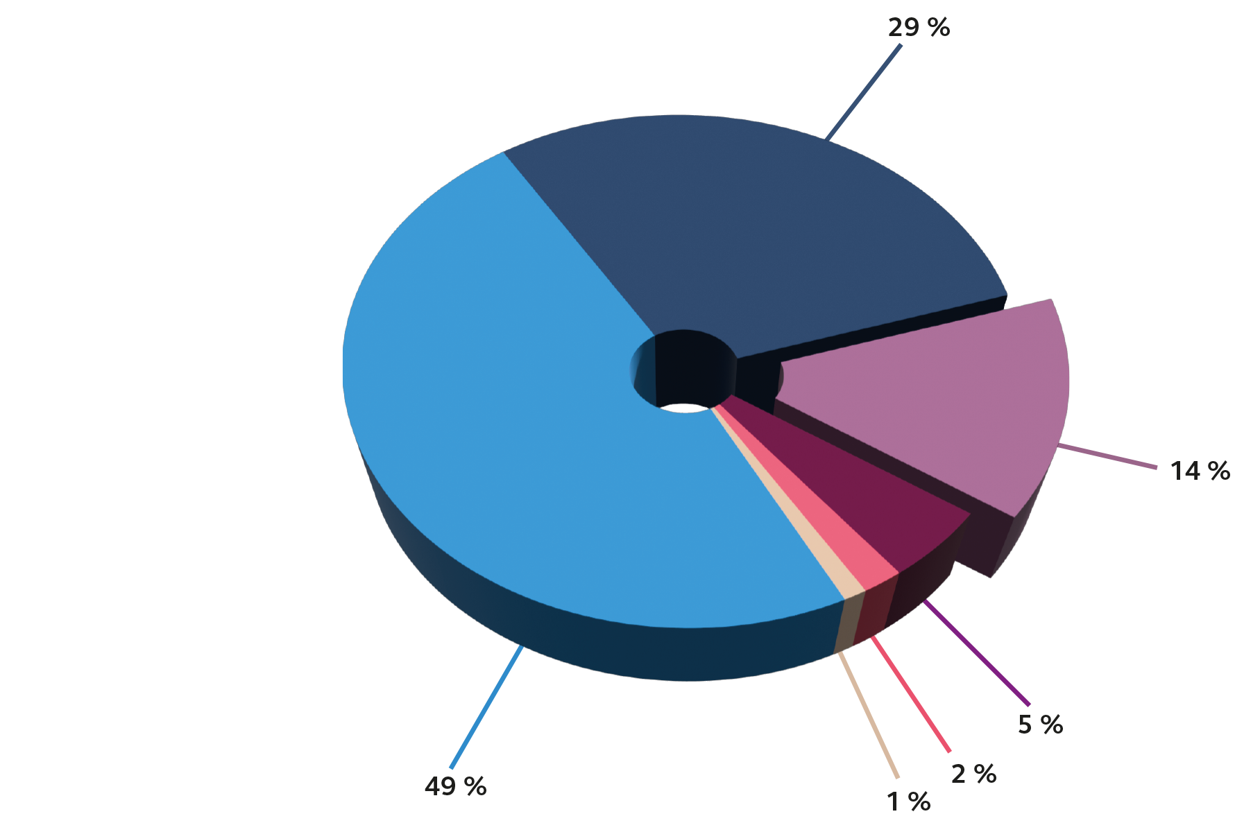 Aufschlüsselung der freiwilligen Beiträge von PRO LIFE Das Diagramm zeigt die prozentuale Verteilung der freiwilligen Beiträge von PRO LIFE. Der grösste Anteil beträgt 49 %, gefolgt von 29 % und 14 %. Kleinere Kategorien liegen zwischen 1 % und 5 %. Die Darstellung erfolgt als 3D-Donutdiagramm mit farblich klar getrennten Segmenten.